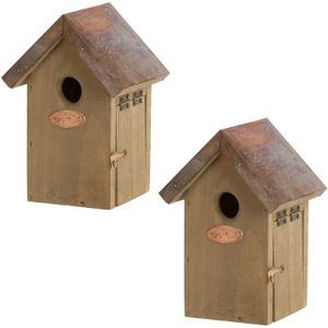 2x Houten vogelhuisjes/nestkastjes winterkoning koperen dak - Tuindecoratie vogelnest nestkast vogelhuisjes - tuindieren