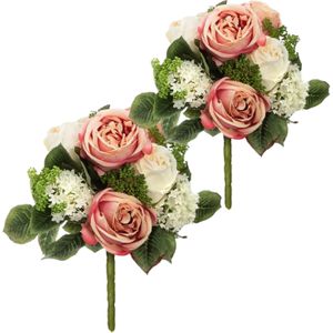 Atmosphera kunstbloemen 2x boeketten wit/roze rozen 35 cm