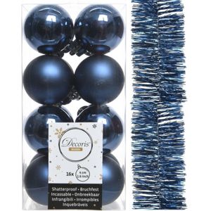 Decoris kerstballen 4 cm en slinger 17x st - donkerblauw - kunststof