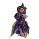 Halloween decoratie heksen pop op bezem - 2x - 25 cm - paars/groen