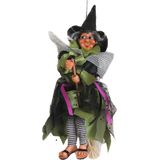 Halloween decoratie heksen pop op bezem - 2x - 25 cm - paars/groen