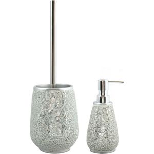 MSV Toiletborstel in houder 36 cm/zeeppompje 275 ml set Scarlett - Polyresin/rvs - zilver mozaiek