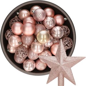 Decoris Kerstballen - 37x stuks - 6 cm - met ster piek - lichtroze - kunststof
