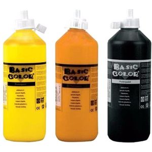 Set van 3x flessen Zwarte-Gele-Oranje hobby knutselen kinder verf op waterbasis - 500 ml per fles - Schilderen/verfen