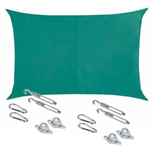 Polyester schaduwdoek/zonnescherm Curacao rechthoekig mint groen 2 x 3 meter - inclusief bevestiging haken set