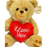 Valentijn I Love You knuffel beertje - zachte pluche - rood hartje - cadeau - 44 cm - lichtbruin - Valentijn cadeautje voor hem/haar