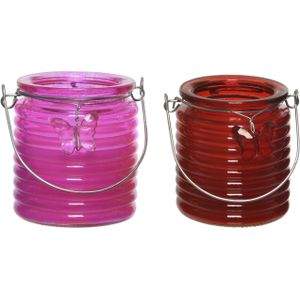 Citronella kaars - 2x - in windlicht - roze en rood - 20 branduren - citrusgeur