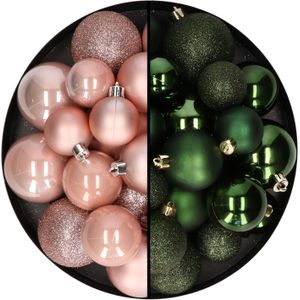 Kerstballen 60x stuks - mix donkergroen/lichtroze - 4-5-6 cm - kunststof - kerstversiering