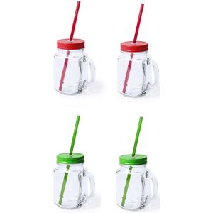 4x stuks Glazen Mason Jar drinkbekers met dop en rietje 500 ml - 2x groen/2x rood - afsluitbaar/niet lekken/fruit shakes