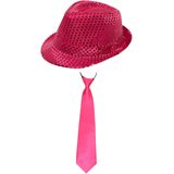 Carnaval verkleed set - hoedje en stropdas - roze - volwassenen - glitters