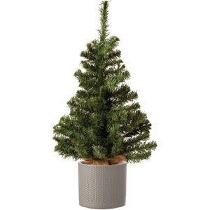 Volle mini kerstboom groen in jute zak 60 cm - Inclusief taupe plantenpot 12,5 x 13,5 cm - Kunstboompjes