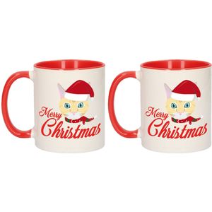 Set van 2x stuks cadeau kerstmokken rood Merry Christmas met kat - 300 ml - mokken / bekers - kerstcadeau kattenliefhebbers