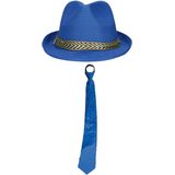 Carnaval verkleedset Classic - hoed en stropdas - blauw - heren/dames - verkleedkleding accessoires