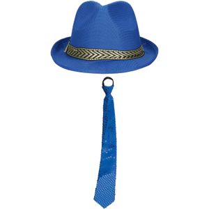 Carnaval verkleedset Classic - hoed en stropdas - blauw - heren/dames - verkleedkleding accessoires