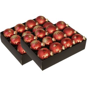24x Luxe glazen rode kerstballen met gouden decoratie 7,5 cm - Luxe glazen kerstballen - kerstversiering rood