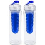2x Transparante drinkfles/waterfles met  blauw fruit infuser/filter 700 ml - Sportfles - BPA-vrij