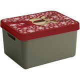 Sunware Kerstversiering opbergbox - donkergroen/rood - 44 x 34 x 24 cm - rendier print deksel