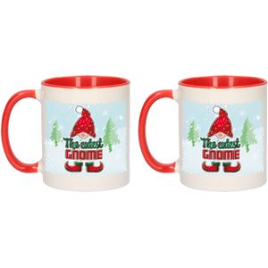 Bellatio Decorations Kerst cadeau koffiemok - 2x - gnoom - kerstkabouter - rood - 300 ml - keramiek