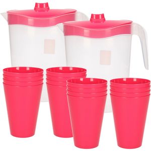 16x kunststof drinkbekers 430 ML met 2x stuks schenkkannen set transparant/roze van 2.5 liter - Verjaardag/camping/tuin