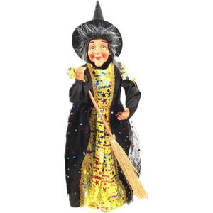 Creation decoratie heksen pop - staand - 42 cm - zwart/geel - Halloween versiering