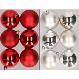 12x stuks kunststof kerstballen mix van rood en zilver 8 cm - Kerstversiering