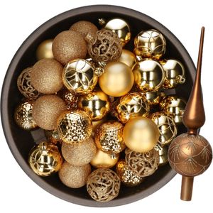 Kerstversiering set - 38-dlg - goud - kunststof kerstballen en glazen piek