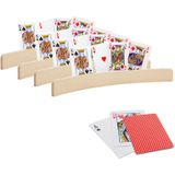 4x stuks Speelkaarthouders - inclusief 54 speelkaarten rood geruit - hout - 35 cm - kaarthouders