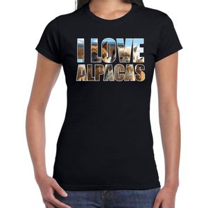 Tekst shirt I love alpacas met dieren foto van een alpaca zwart voor dames - cadeau t-shirt alpacas liefhebber