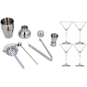 Complete cocktail shaker workshop set inclusief 4x cocktailglazen / Martiniglazen - 9 delig