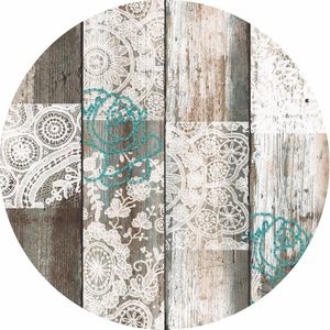 Tafelzeil/tafelkleed houten planken met kant print 160 cm rond - Tuintafelkleed - Houtlook