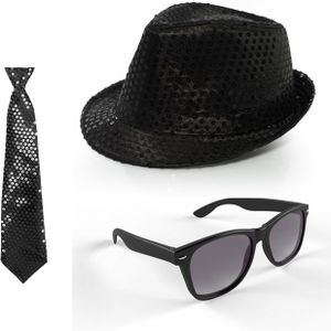 Folat - Verkleedkleding set - Glitter hoed/stropdas/party bril - zwart