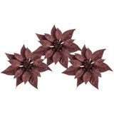 3x stuks decoratie bloemen kerststerren donkerrood glitter op clip 18 cm - Decoratiebloemen/kerstboomversiering