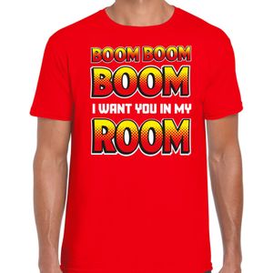 Bellatio Decorations Foute party t-shirt heren - Boom boom boom i want you in my room - rood - carnaval