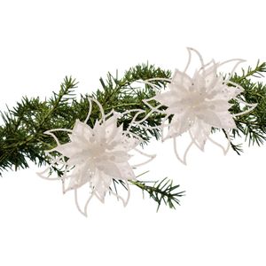 Cosy and Trendy kerstboomversiering bloemen op clip - 2x- wit - 14 cm - glitters