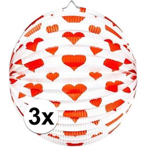 3x stuks Bol lampionnen rond wit met rode hartjes 25 cm - Valentijn - Bruiloft decoratie lampionnen