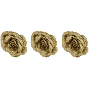 3x stuks decoratie bloemen roos goud glitter op clip 18 cm - Decoratiebloemen/kerstboomversiering/kerstversiering