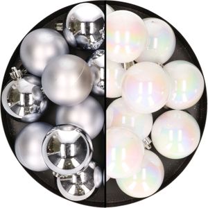 24x stuks kunststof kerstballen mix van zilver en parelmoer wit 6 cm - Kerstversiering
