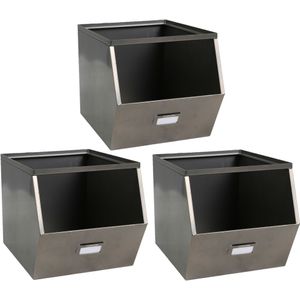 Urban Living Stapelbare opbergmand Open Metal Box - 3x - L23 x B32 x H21 cm - metaal - donkergrijs