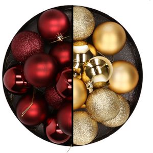 24x stuks kunststof kerstballen mix van donkerrood en goud 6 cm - Kerstversiering