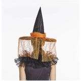 Verkleed heksenhoed - met sluier - zwart/oranje - volwassenen - Halloween hoofddeksels