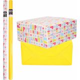 6x Rollen kraft inpakpapier happy birthday pakket - geel 200 x 70 cm - cadeau/verzendpapier