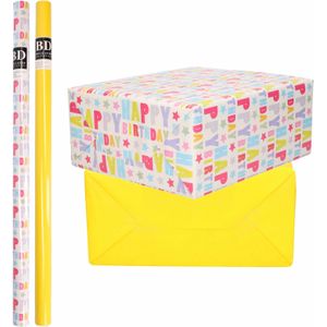 6x Rollen kraft inpakpapier happy birthday pakket - geel 200 x 70 cm - cadeau/verzendpapier