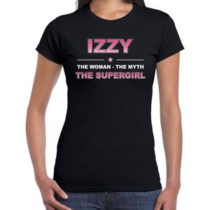 Naam cadeau Izzy - The woman, The myth the supergirl t-shirt zwart - Shirt verjaardag/ moederdag/ pensioen/ geslaagd/ bedankt
