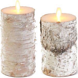 Set van 2x stuks Wit berkenhout Led kaarsen met bewegende vlam - 12.5 en 15 cm - Sfeer stompkaarsen voor binnen
