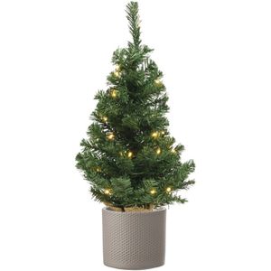 Volle kunst kerstboom 75 cm met verlichting inclusief taupe pot - Kunstkerstbomen middelgroot