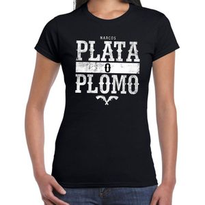 Narcos plata o plomo tekst t-shirt zwart voor dames - Gangster zilver of lood tekst shirt