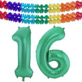 Folat folie ballonnen - Leeftijd cijfer 16 - glimmend groen - 86 cm - en 2x slingers