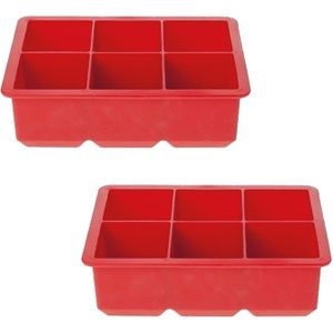 2x Grote kubus ijsklonten vormen rood 6 klontjes - Rode ijsblokjes tray - Cocktail ijsklonten maker - Siliconen ijsblokjes maker