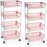 2x stuks opberger/organiser trolley/roltafel met 4 manden 85 cm oud roze - Etagewagentje/karretje met opbergkratten