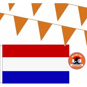 Ek oranje straat/ huis versiering pakket met oa 1x Mega Nederland vlag, 100 meter oranje vlaggenlijnen - Oranje versiering buiten